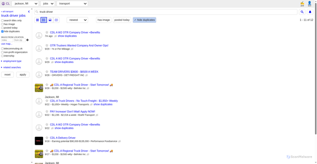 Security scan screenshot of https://www.craigslist.org/search/area/jxn?hub=truck-driver-jobs