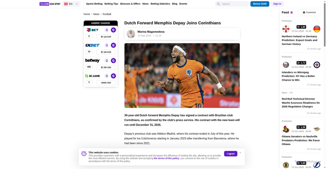 Security scan screenshot of https://www.telecomasia.net/news/football/dutch-forward-memphis-depay-joins-corinthians/