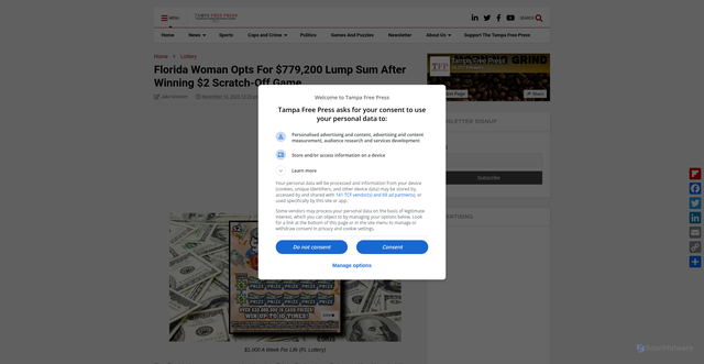 Security scan screenshot of https://www.tampafp.com/florida-woman-opts-for-779200-lump-sum-after-winning-2-scratch-off-game/
