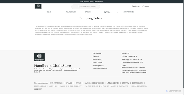 Security scan screenshot of https://handloomclothstore.com/shipping-policy