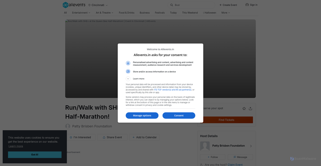 Security scan screenshot of https://allevents.in/cincinnati/run-walk-with-she-at-the-queen-bee-half-marathon/200028826578228