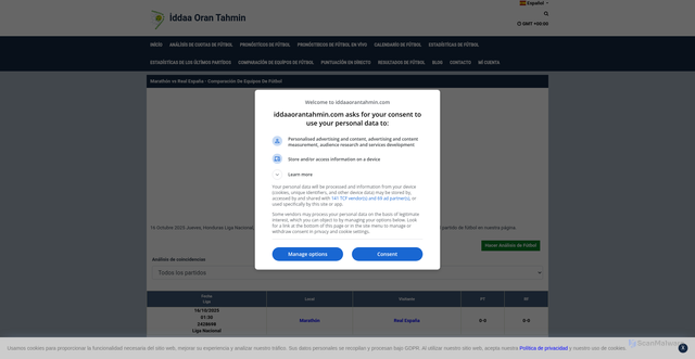 Security scan screenshot of https://www.iddaaorantahmin.com/es/comparacion-de-equipos-de-futbol/marathon-real-espana-comparacion-de-equipos-de-futbol-863004