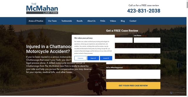 Security scan screenshot of https://mcmahanlawfirm.com/areas-of-practice/motorcycle-accident/