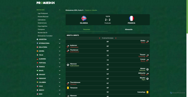 Security scan screenshot of https://www.promiedos.com.ar/game/iceland-vs-france/eeaccfc