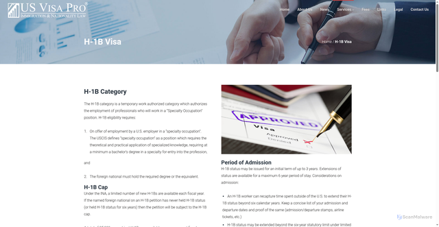 Security scan screenshot of https://usvisapro.com/h1-b-visa/
