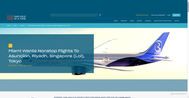 Security scan screenshot of https://onemileatatime.com/news/miami-nonstop-flights-asuncion-riyadh-tokyo-singapore/