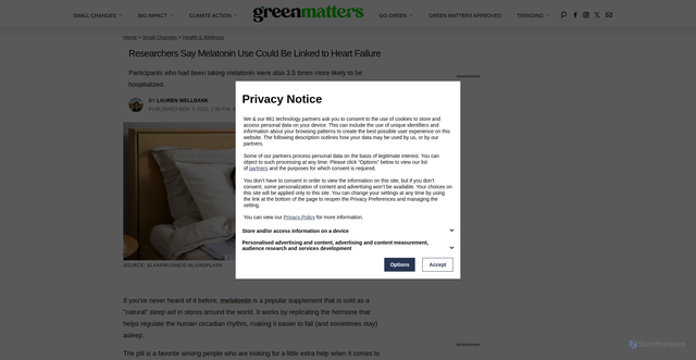 Security scan screenshot of https://www.greenmatters.com/health-and-wellness/melatonin-linked-to-heart-failure