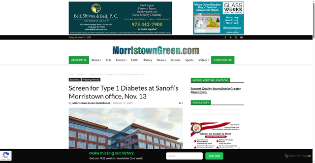 Security scan screenshot of https://morristowngreen.com/2025/10/31/screen-for-type-1-diabetes-at-sanofis-morristown-office-nov-13/