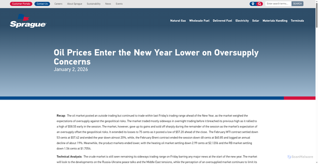 Security scan screenshot of https://www.spragueenergy.com/oil-prices-enter-the-new-year-lower-on-oversupply-concerns/