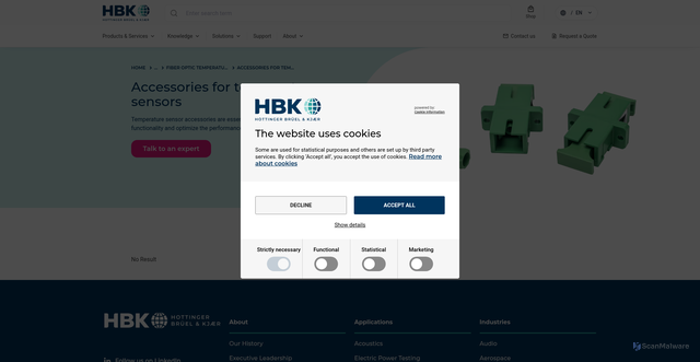 Security scan screenshot of https://www.hbkworld.com/en/products/transducers/temperature-sensors/accessories