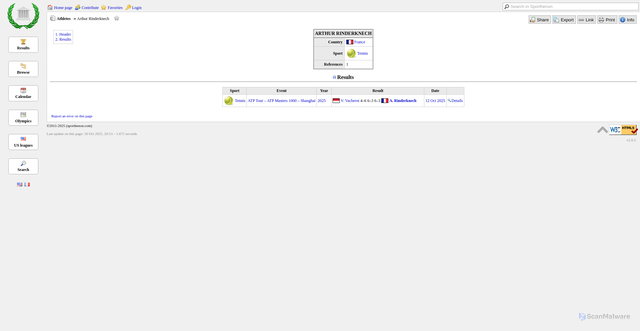 Security scan screenshot of https://sporthenon.com/athlete/Arthur-Rinderknech/KBJC2NBRHEYDS