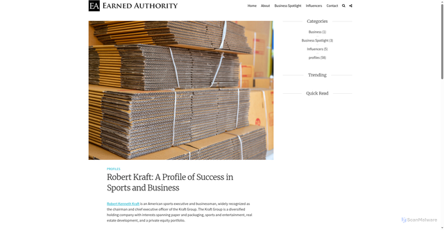 Security scan screenshot of https://earnedauthority.com/robert-kraft-a-profile-of-success-in-sports-and-business/