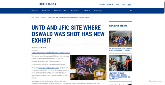 Security scan screenshot of https://www.untdallas.edu/news/jfk-exhibit-dmn.php