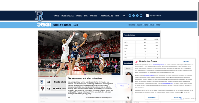 Security scan screenshot of https://gorhody.com/news/2025/11/23/womens-basketball-rhode-island-wins-at-no-16-n-c-state-68-63.aspx