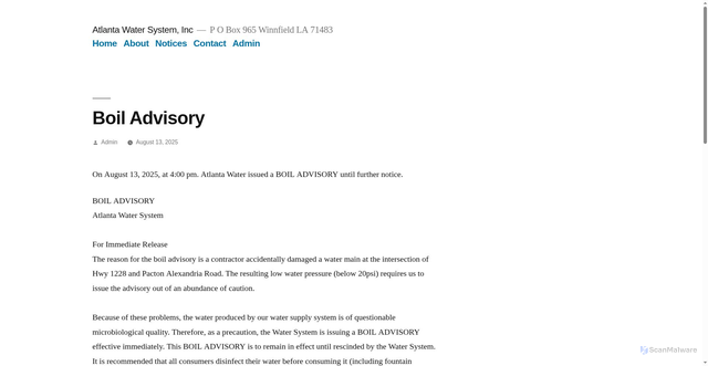 Security scan screenshot of https://www.atlantawatersystem.com/2025/08/13/boil-advisory/