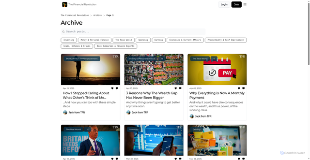 Security scan screenshot of https://thefinancialrevolution.co/archive?page=3