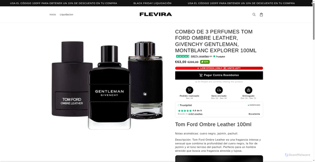 Security scan screenshot of https://flevira.com/products/pack-3-parfums-tom-ford-ombre-leathe-givenchy-gentleman-montblanc-explorer-eau-de-parfum