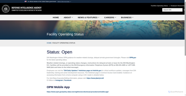Security scan screenshot of https://www.dia.mil/Home/Facility-Operating-Status/