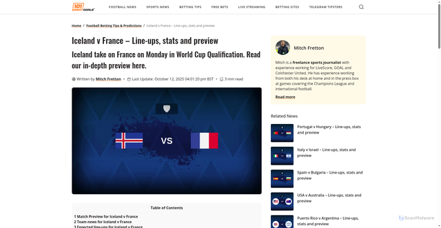 Security scan screenshot of https://www.101greatgoals.com/betting-tips/iceland-v-france-line-ups-stats-preview/