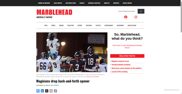 Security scan screenshot of https://marbleheadweeklynews.com/magicians-drop-back-and-forth-opener/