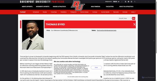 Security scan screenshot of https://dupanthers.com/sports/football/roster/coaches/thomas-byrd/5786
