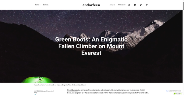 Security scan screenshot of https://endorfeen.com/green-boots-an-enigmatic-fallen-climber-on-mount-everest/
