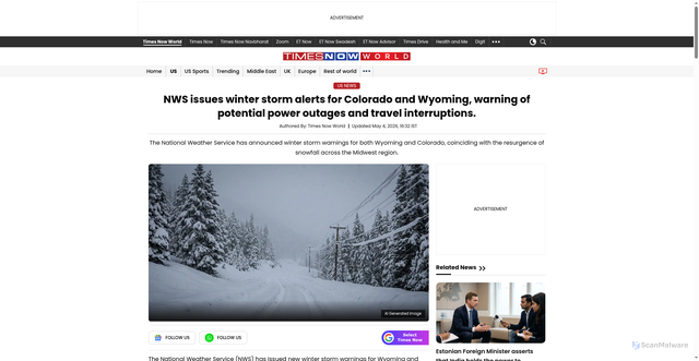 Security scan screenshot of https://www.timesnowworld.com/us-news/winter-storm-warnings-wyoming-colorado-snow-midwest-article-154242043