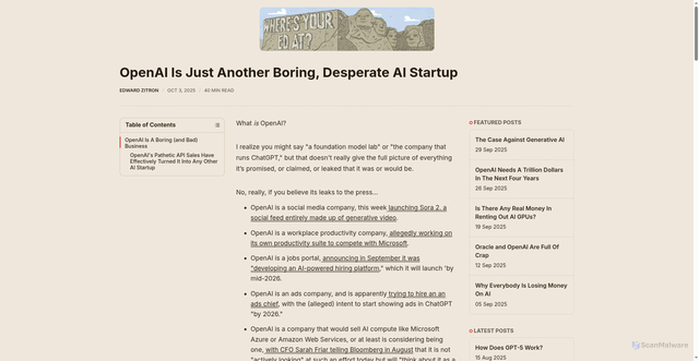 Security scan screenshot of https://www.wheresyoured.at/sora2-openai/