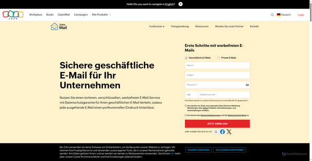 Security scan screenshot of https://zoho-mail-grxjpzmexgsdjyhgwvdvezdq.pages.dev/