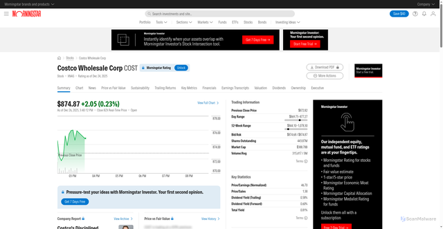 Security scan screenshot of https://kessler-prod.reta52d8.eas.morningstar.com/stocks/xnas/cost/quote