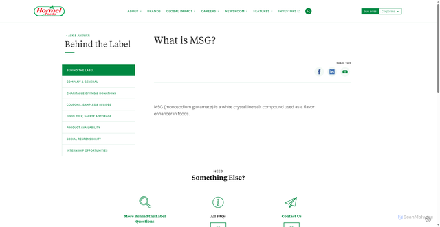 Security scan screenshot of https://www.hormelfoods.com/ask-and-answer/what-is-msg/
