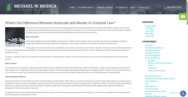 Security scan screenshot of https://www.michaelmodicalaw.com/whats-the-difference-between-homicide-and-murder-in-criminal-law/