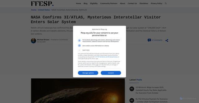 Security scan screenshot of https://ffesp.org/nasa-confirms-3i-atlas-mysterious-interstellar-visitor-enters-solar-system/