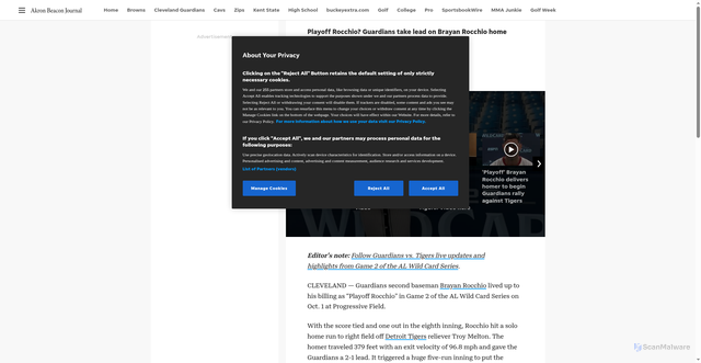 Security scan screenshot of https://www.beaconjournal.com/story/sports/mlb/cleveland-guardians/2025/10/01/brayan-rocchio-home-run-playoffs-guardians-tigers/86423021007/
