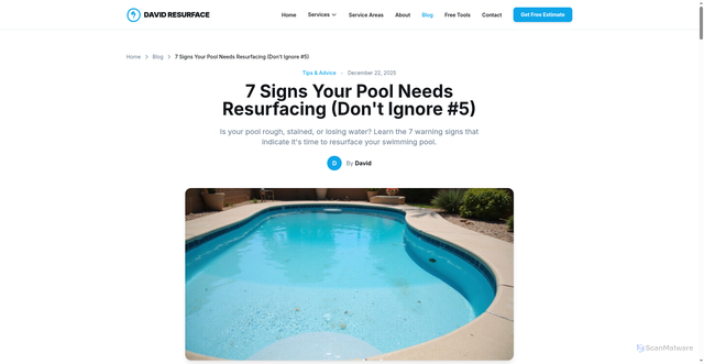 Security scan screenshot of https://lp2601241041-david-resurface-m6rz8v.pages.dev/blog/signs-pool-needs-resurfacing/