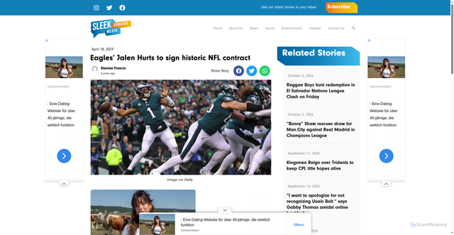 Security scan screenshot of https://www.sleekjamaica.com/eagles-jalen-hurts-to-sign-historic-nfl-contract/