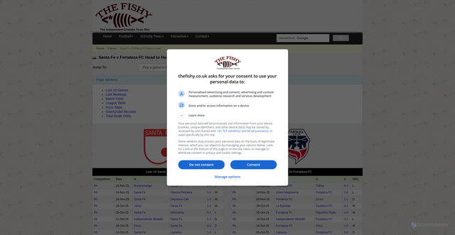 Security scan screenshot of https://thefishy.co.uk/head2head.php?team1=Santa+Fe&team2=Fortaleza+FC&division=358&group=4&fixture=418262