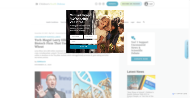 Security scan screenshot of https://childrenshealthdefense.org/defender/larry-ellison-sinks-60-million-ag-biotech-firm-ai-genetically-engineer-wheat/