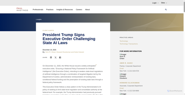 Security scan screenshot of https://www.paulhastings.com/insights/client-alerts/president-trump-signs-executive-order-challenging-state-ai-laws