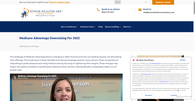 Security scan screenshot of https://seniorhealthcaresolutions.com/blog/medicare-advantage-downsizing-for-2025/