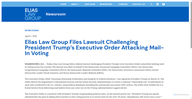 Security scan screenshot of https://elias.law/press-release/elias-law-group-files-lawsuit-challenging-president-trumps-executive-order-attacking-mail-in-voting/