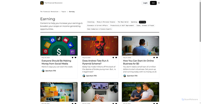 Security scan screenshot of https://thefinancialrevolution.co/t/Earning