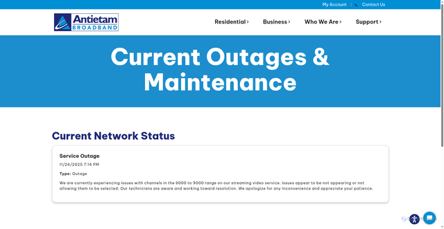 Security scan screenshot of https://www.antietambroadband.com/network-status