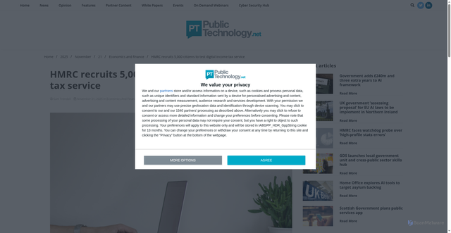 Security scan screenshot of https://www.publictechnology.net/2025/11/21/economics-and-finance/hmrc-recruits-5000-citizens-to-test-digital-income-tax-service/