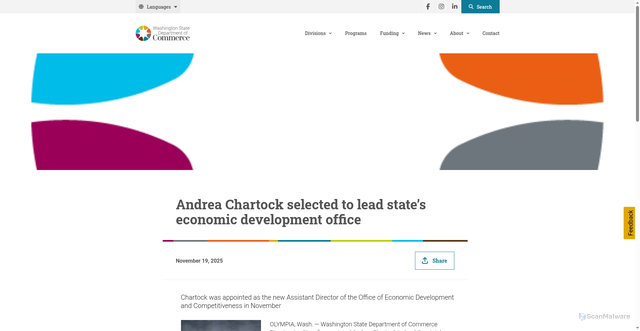 Security scan screenshot of https://www.commerce.wa.gov/andrea-chartock-selected-to-lead-states-economic-development-office/