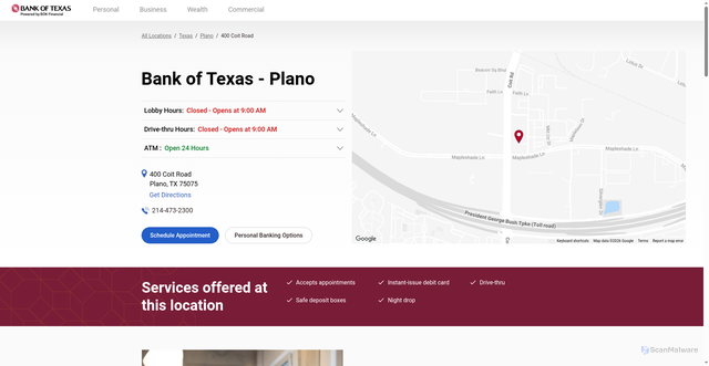 Security scan screenshot of https://locations.bankoftexas.com/tx/plano/400-coit-road