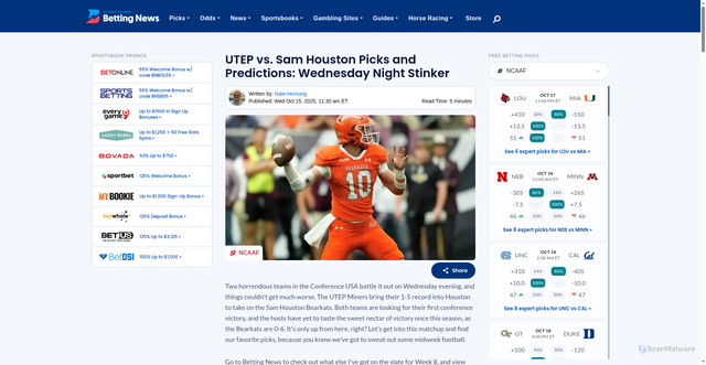 Security scan screenshot of https://www.bettingnews.com/articles/ncaaf/utep-sam-houston-picks-predictions-2025-10-15/