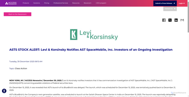 Security scan screenshot of https://www.accessnewswire.com/newsroom/en/business-and-professional-services/asts-stock-alert-levi-and-korsinsky-notifies-ast-spacemobile-inc-1122262