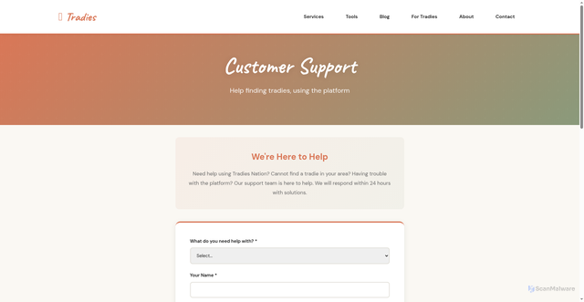 Security scan screenshot of https://tradies-nation.pages.dev/contact/support