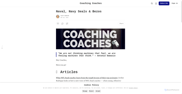 Security scan screenshot of https://coachingcoaches.substack.com/p/naval-navy-seals-and-bezos